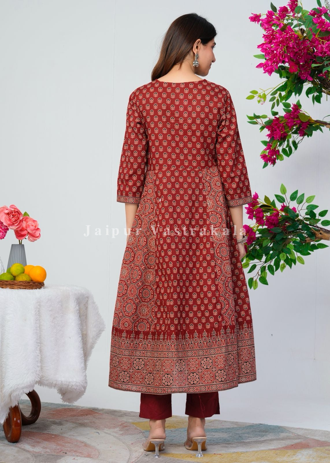 Maroon Ajrakh Layering Anarkali Suit