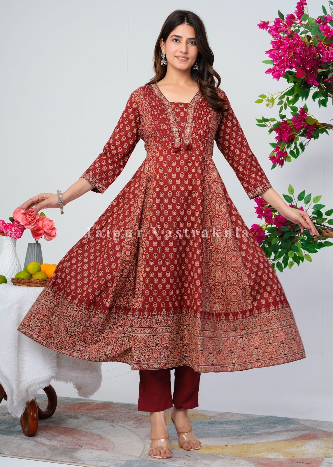Maroon Ajrakh Layering Anarkali Suit