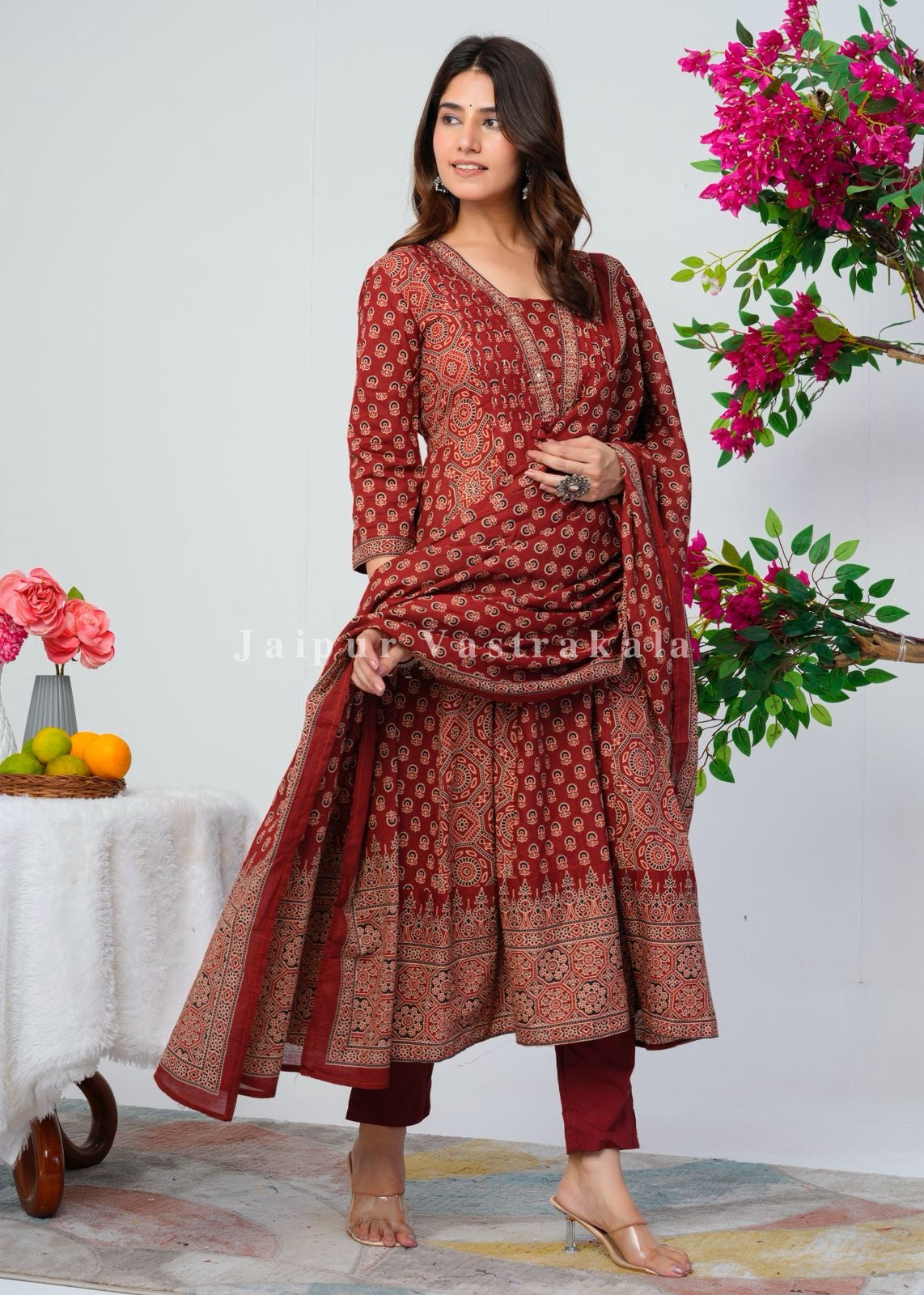 Maroon Ajrakh Layering Anarkali Suit