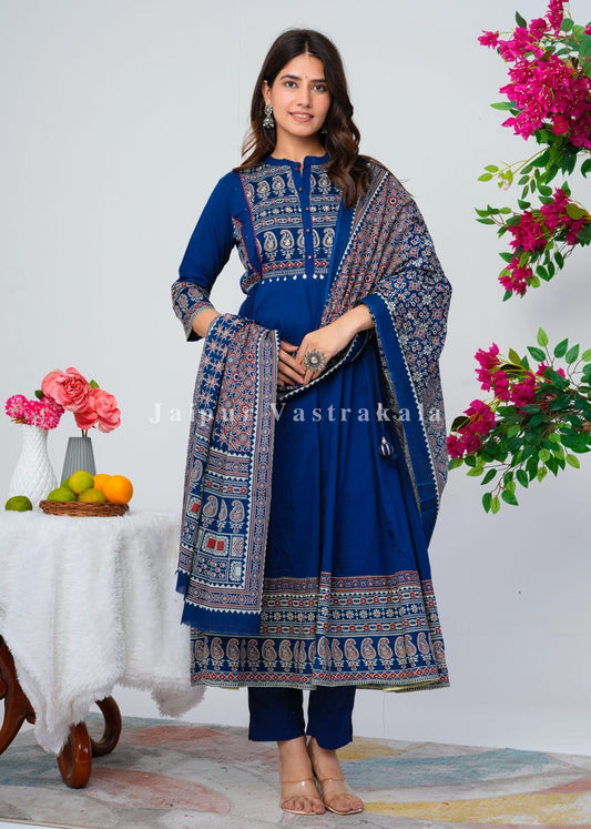 Blue Ajrakh Highlights Cotton Anarkali Suit