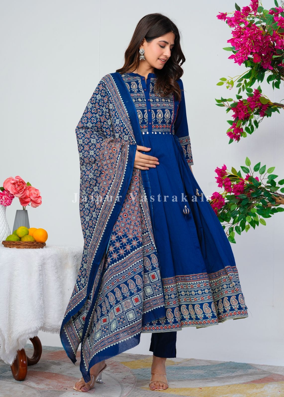 Blue Ajrakh Highlights Cotton Anarkali Suit