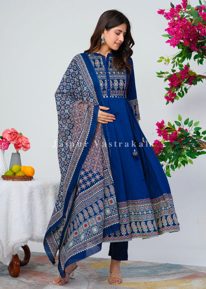 Blue Ajrakh Highlights Cotton Anarkali Suit