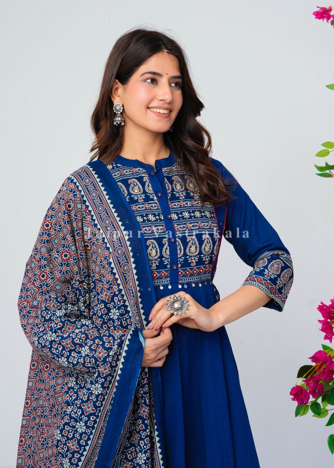 Blue Ajrakh Highlights Cotton Anarkali Suit