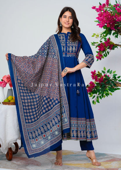 Blue Ajrakh Highlights Cotton Anarkali Suit
