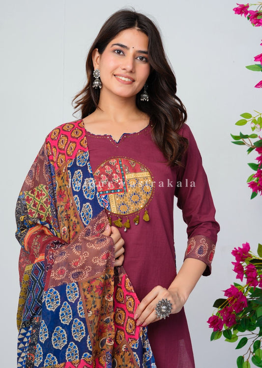 Maroon Ethnic Patch Cotton Dupatta Set