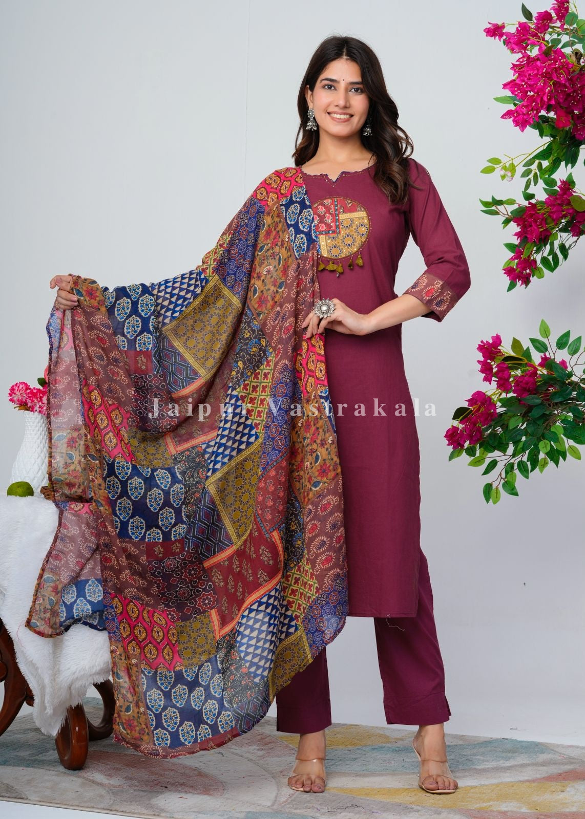 Maroon Ethnic Patch Cotton Dupatta Set