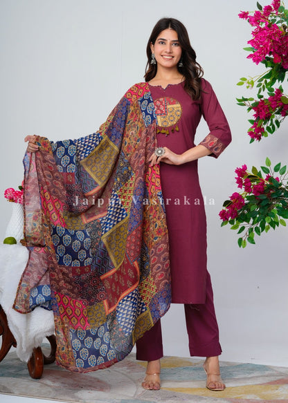 Maroon Ethnic Patch Cotton Dupatta Set