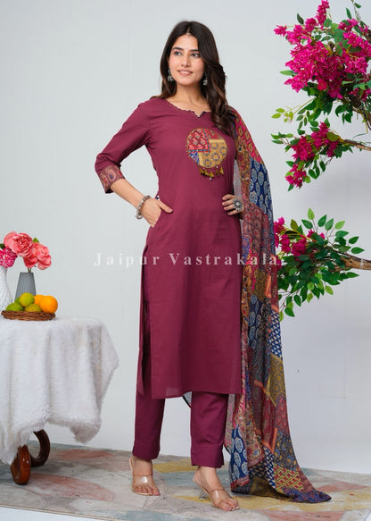 Maroon Ethnic Patch Cotton Dupatta Set