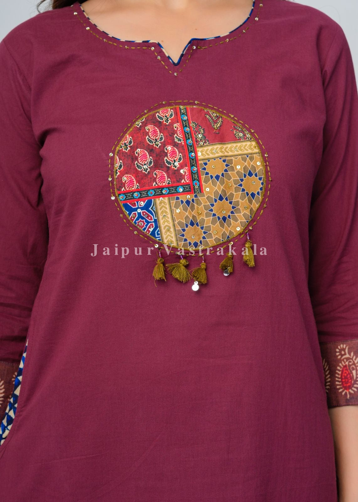 Maroon Ethnic Patch Cotton Dupatta Set