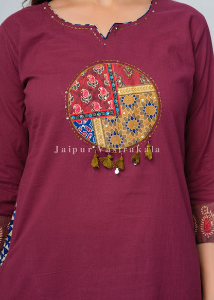Maroon Ethnic Patch Cotton Dupatta Set