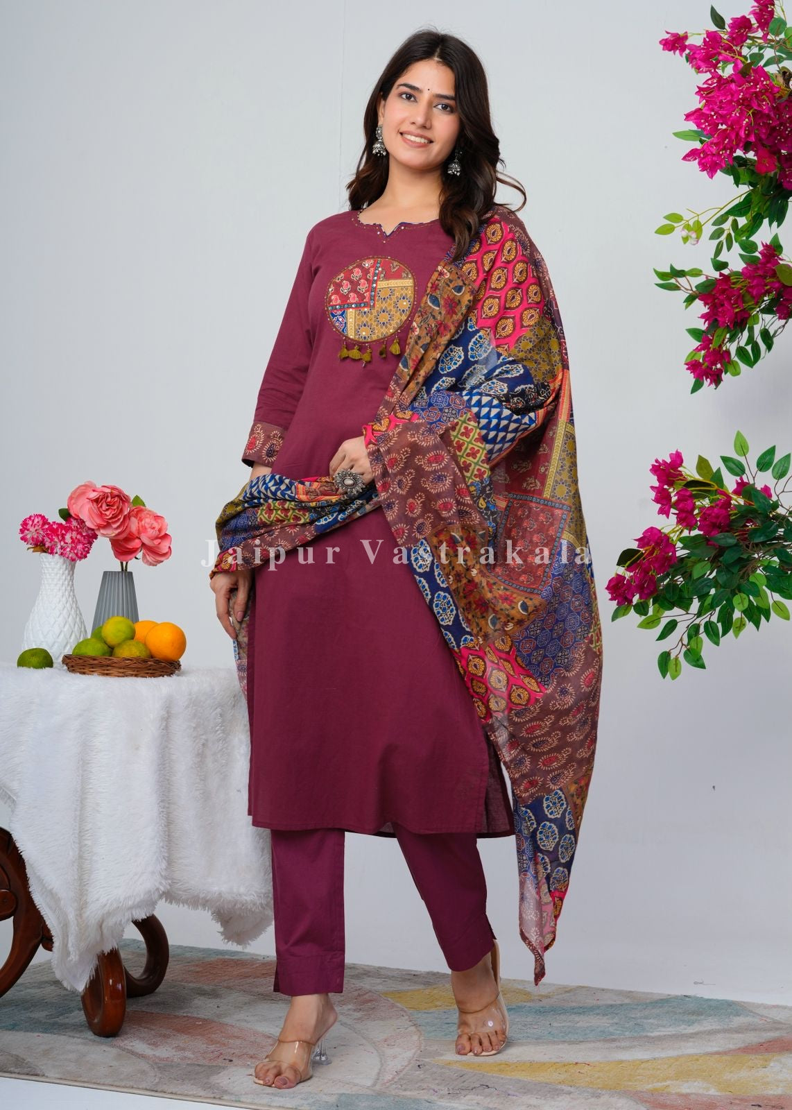 Maroon Ethnic Patch Cotton Dupatta Set