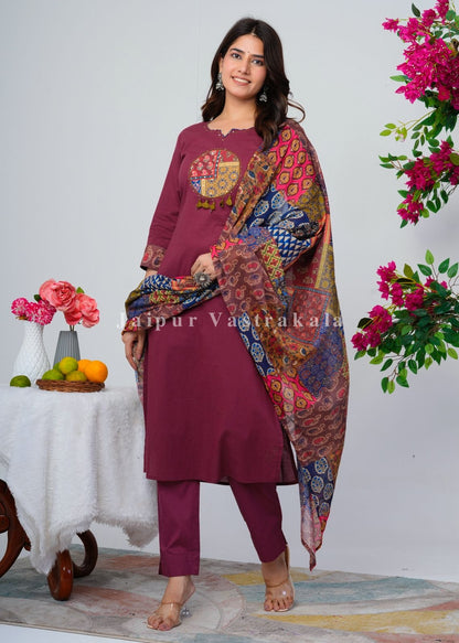 Maroon Ethnic Patch Cotton Dupatta Set