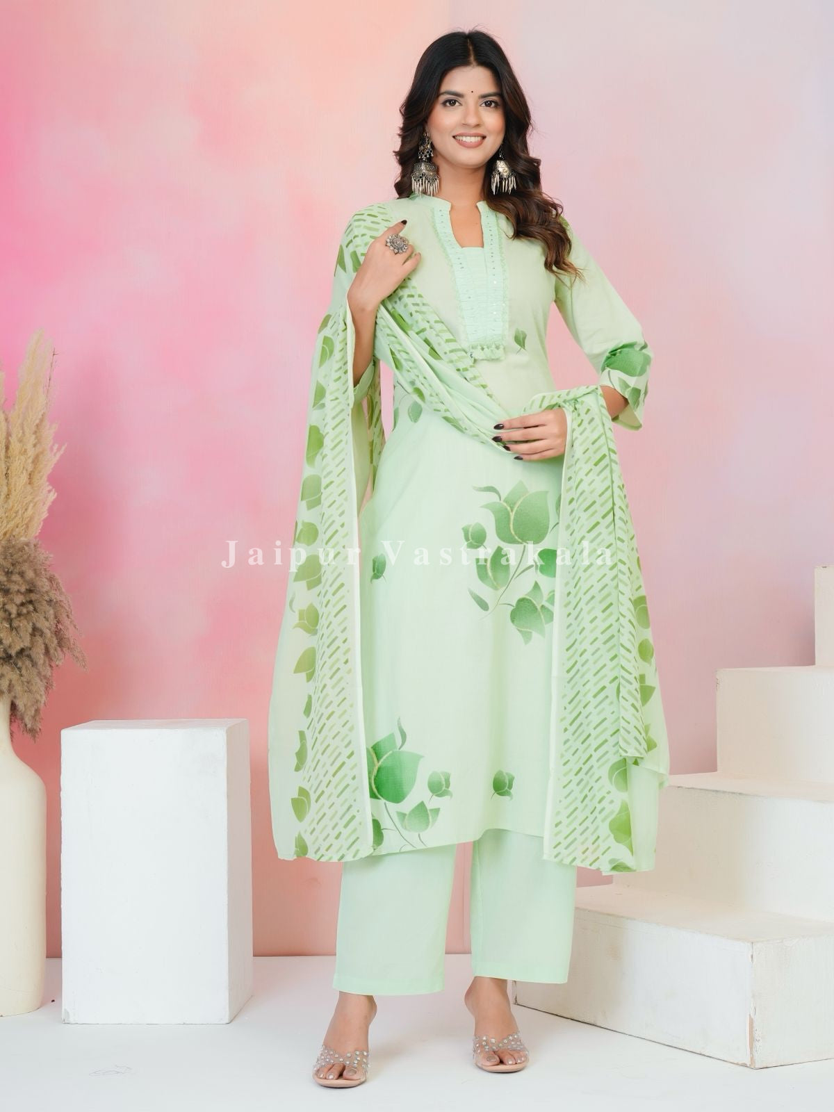 Light Green Floral Cotton Dupatta Set