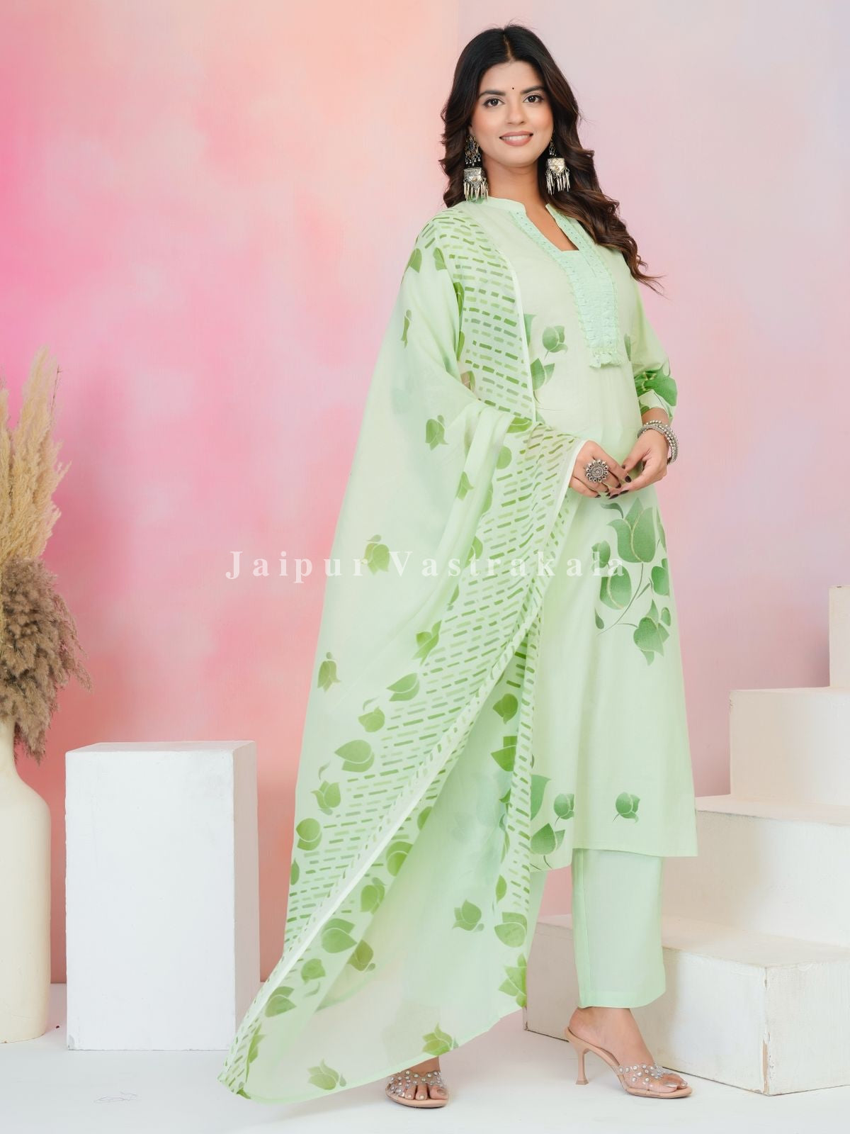 Light Green Floral Cotton Dupatta Set