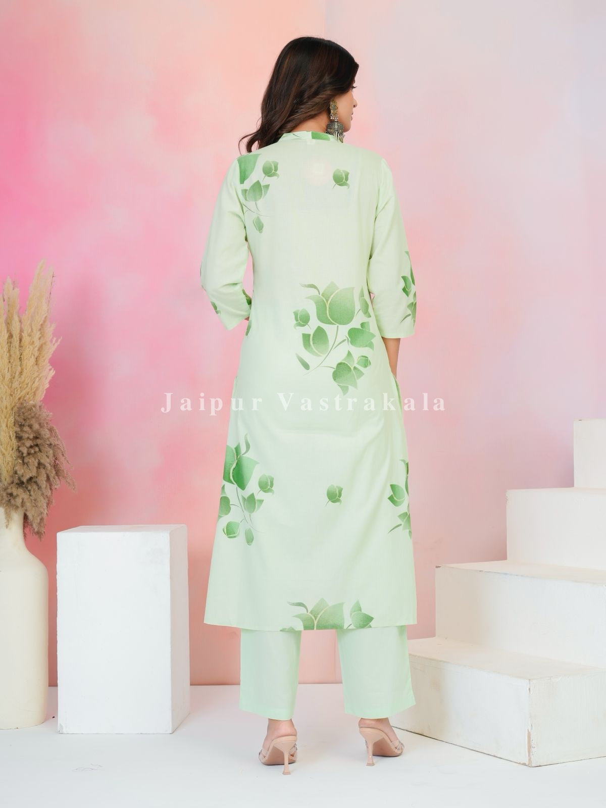 Light Green Floral Cotton Dupatta Set