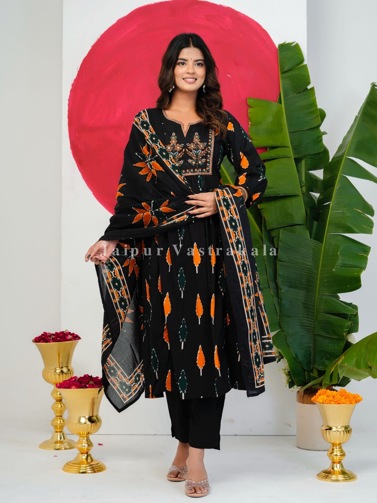 Black Ikkat Embroidery Cotton Dupatta Set