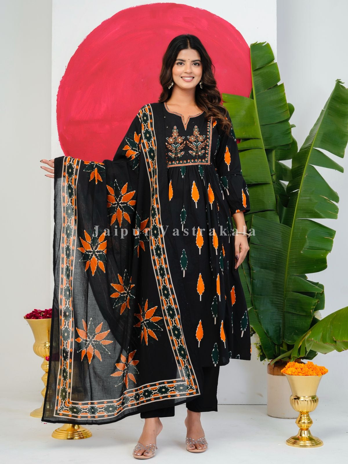 Black Ikkat Embroidery Cotton Dupatta Set