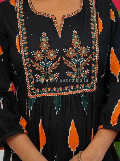 Black Ikkat Embroidery Cotton Dupatta Set