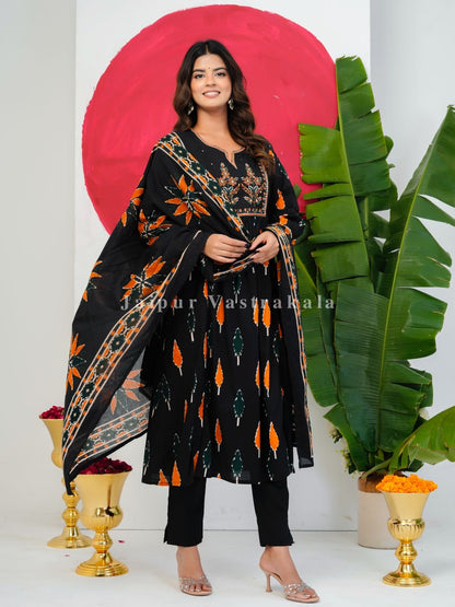 Black Ikkat Embroidery Cotton Dupatta Set