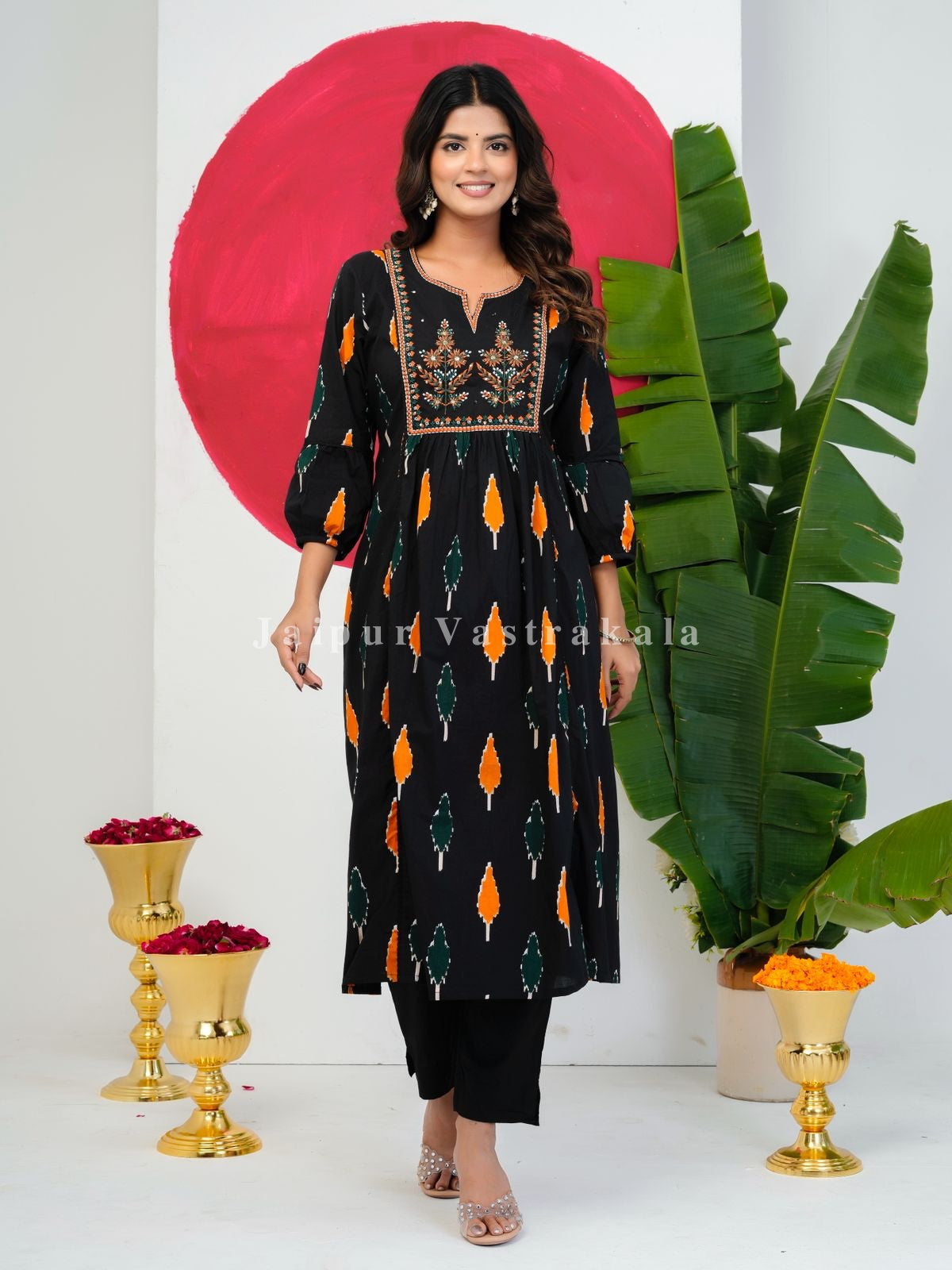 Black Ikkat Embroidery Cotton Dupatta Set