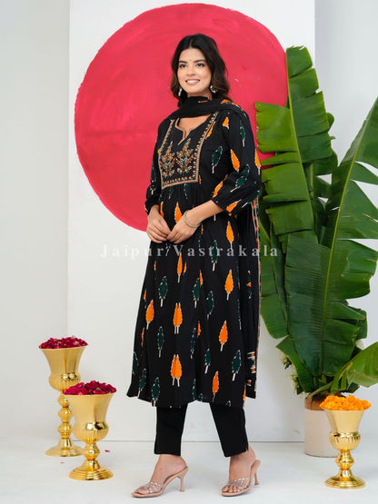 Black Ikkat Embroidery Cotton Dupatta Set