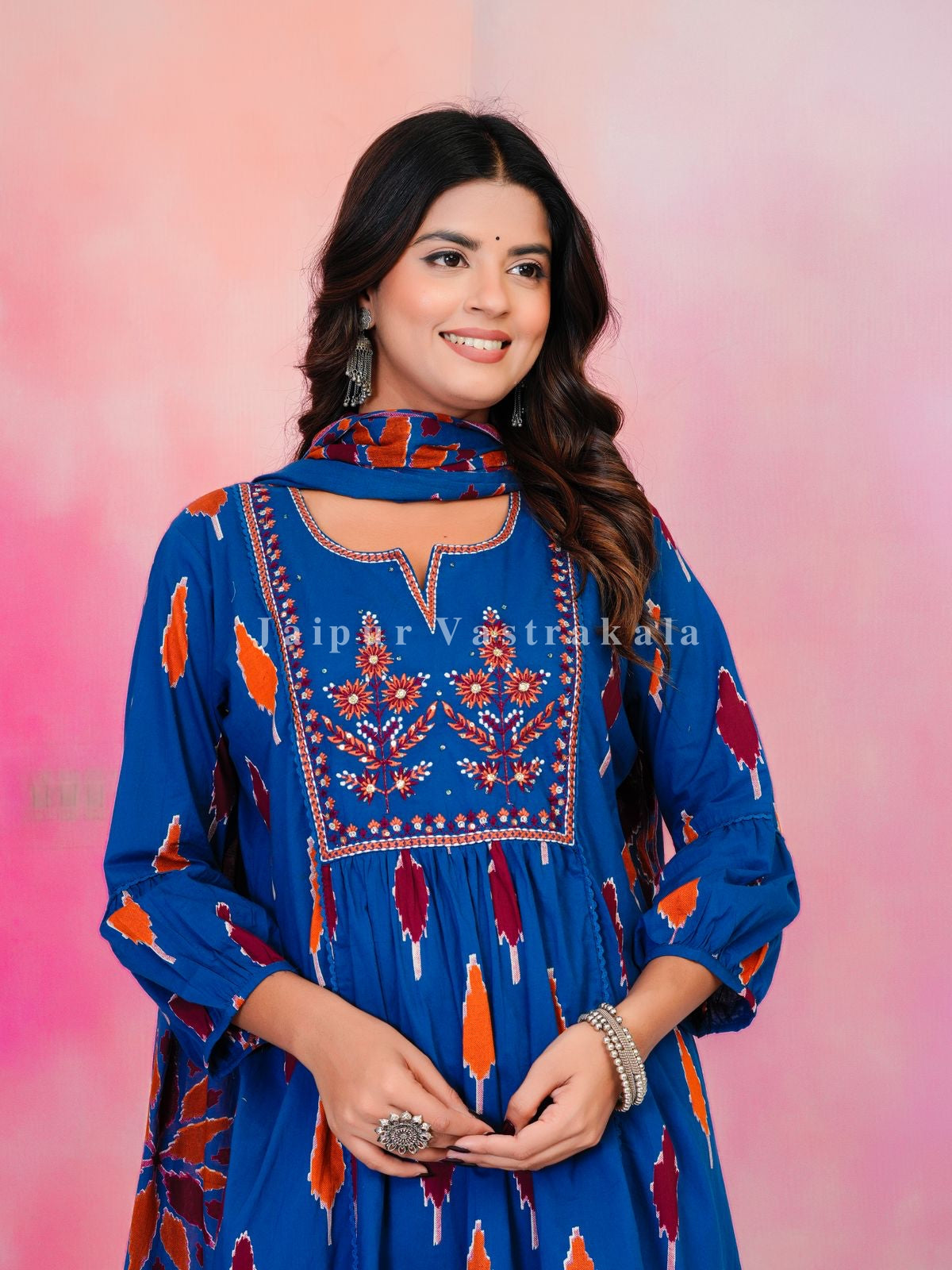 Blue Ikkat Embroidery Cotton Dupatta Set