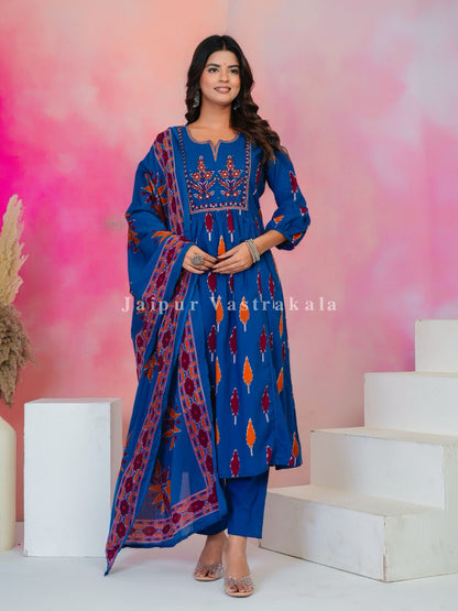 Blue Ikkat Embroidery Cotton Dupatta Set