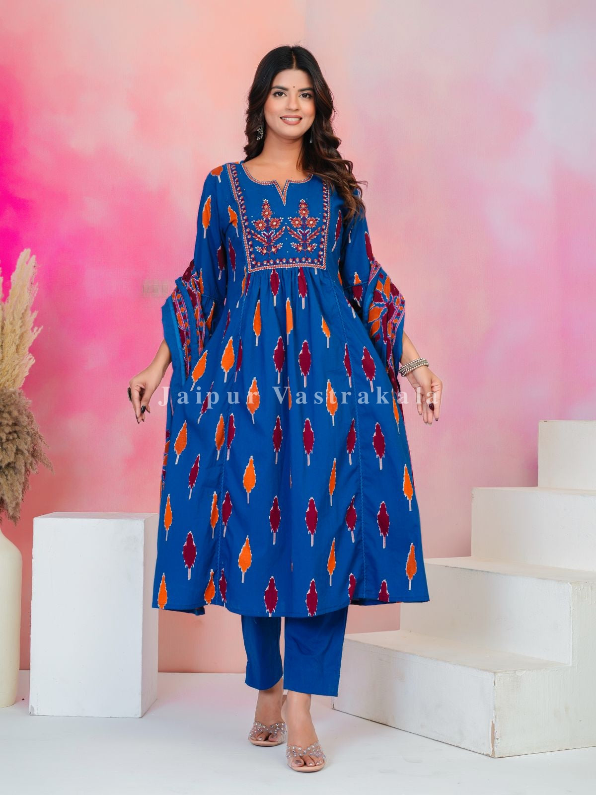 Blue Ikkat Embroidery Cotton Dupatta Set