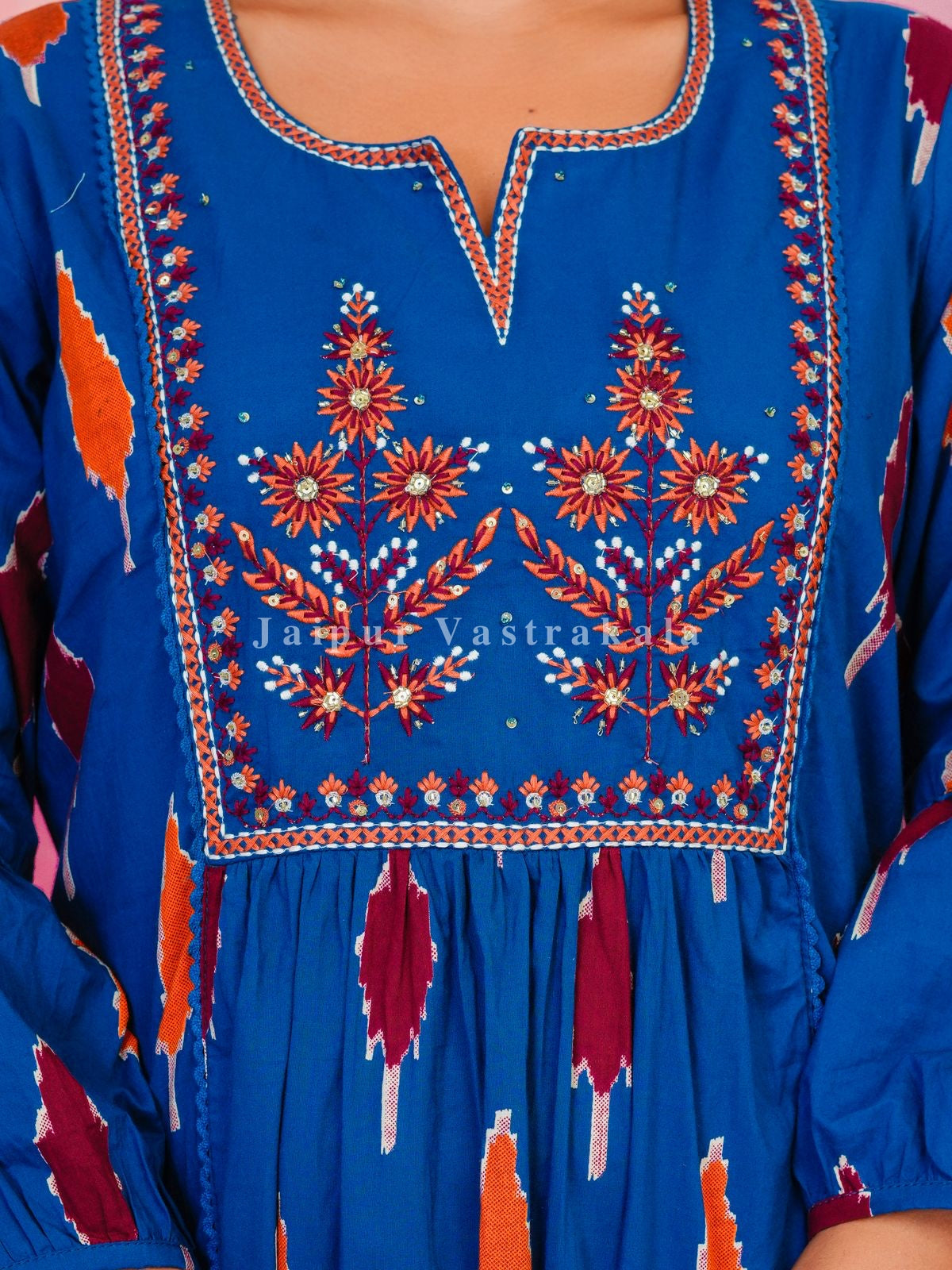 Blue Ikkat Embroidery Cotton Dupatta Set