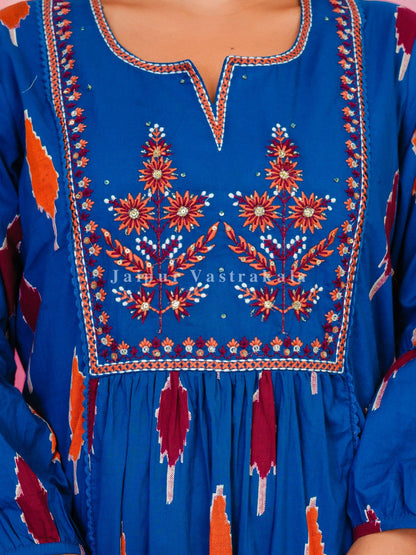 Blue Ikkat Embroidery Cotton Dupatta Set