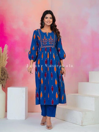 Blue Ikkat Embroidery Cotton Dupatta Set