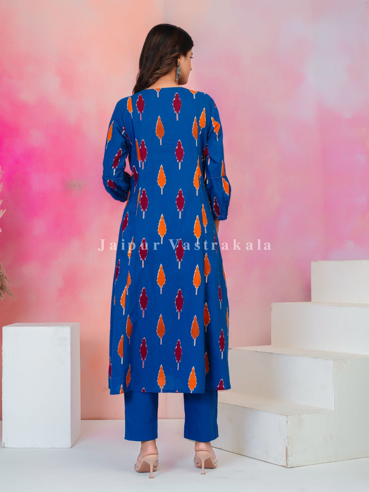 Blue Ikkat Embroidery Cotton Dupatta Set