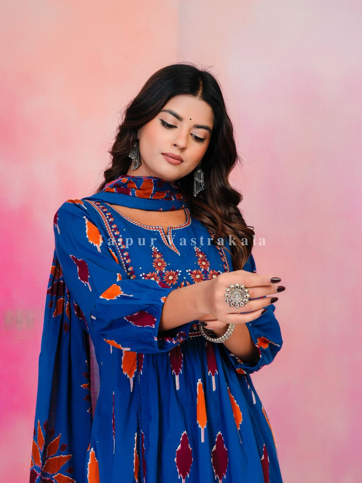 Blue Ikkat Embroidery Cotton Dupatta Set