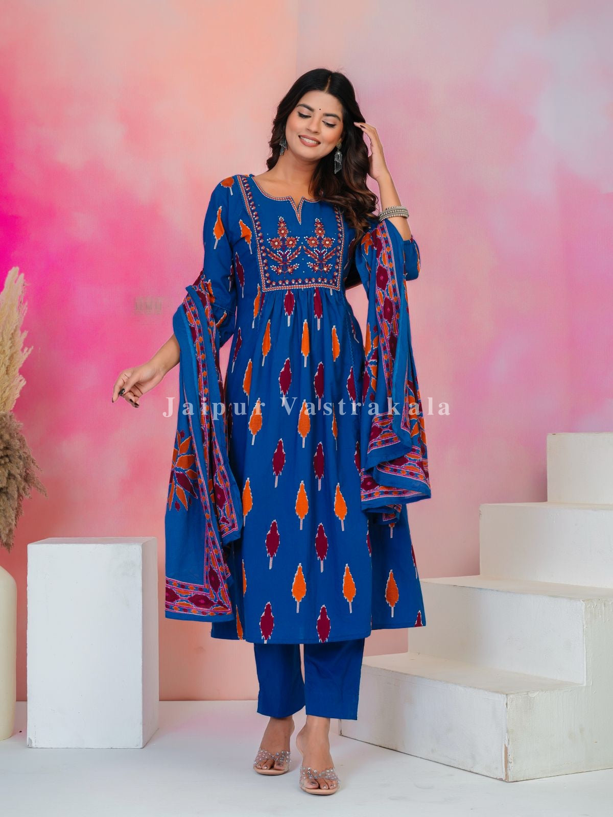 Blue Ikkat Embroidery Cotton Dupatta Set