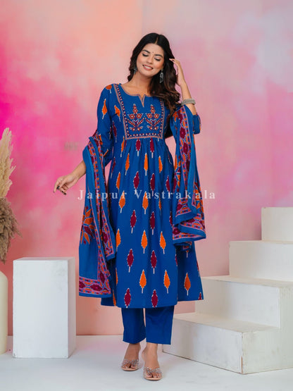 Blue Ikkat Embroidery Cotton Dupatta Set