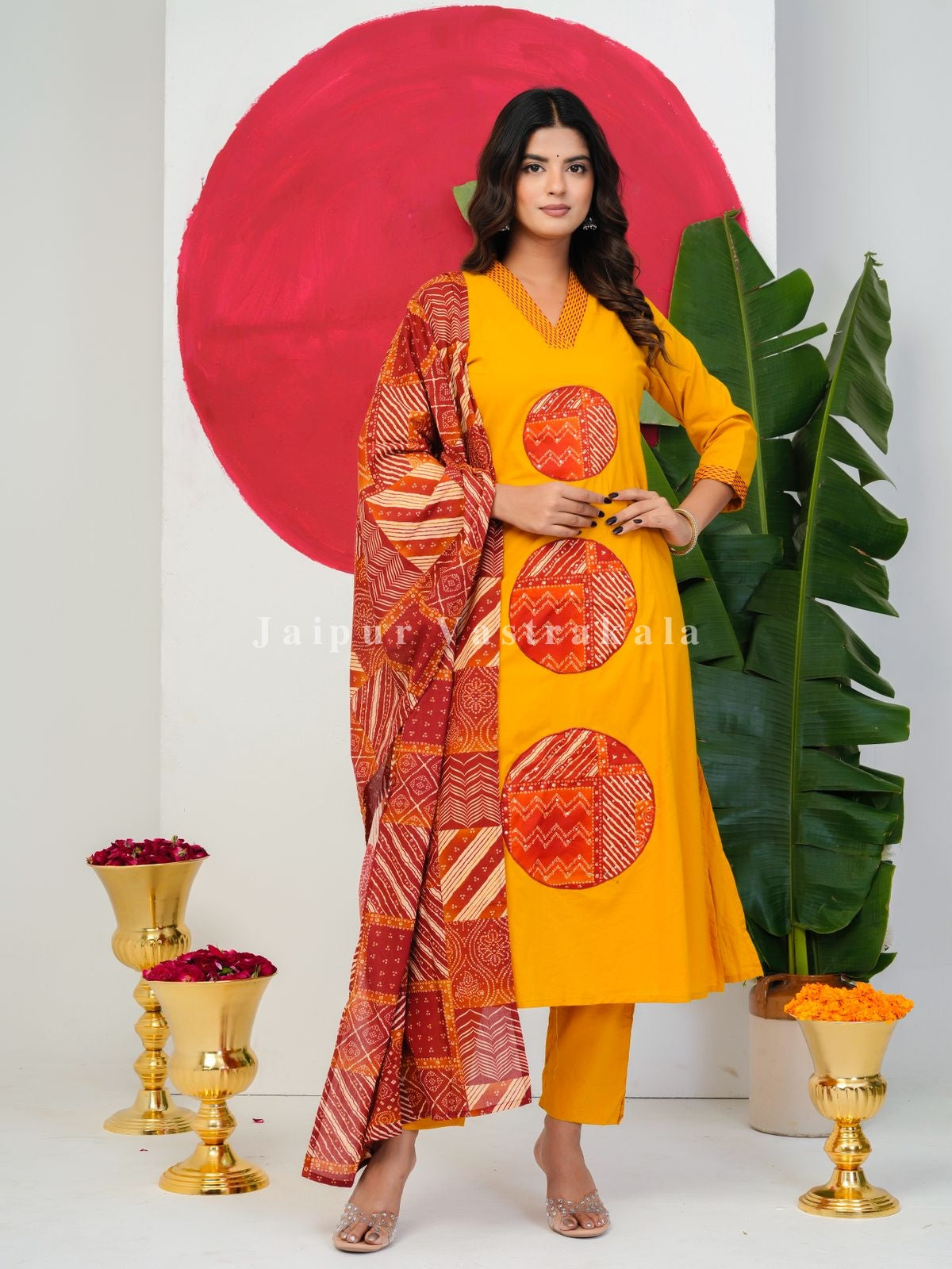Yellow Patch Highlights Cotton Dupatta Set