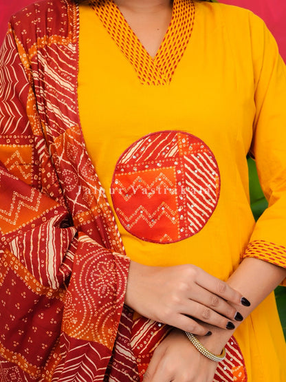 Yellow Patch Highlights Cotton Dupatta Set