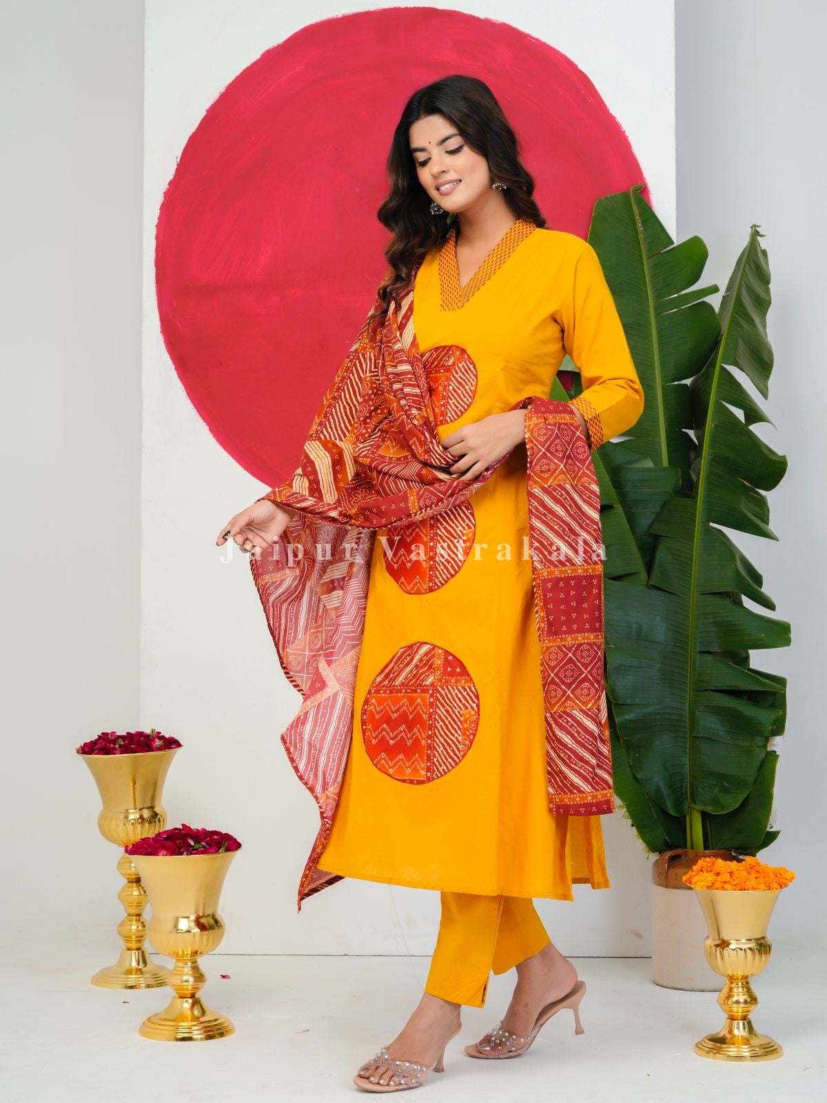 Yellow Patch Highlights Cotton Dupatta Set