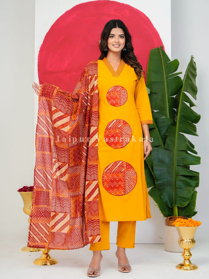Yellow Patch Highlights Cotton Dupatta Set