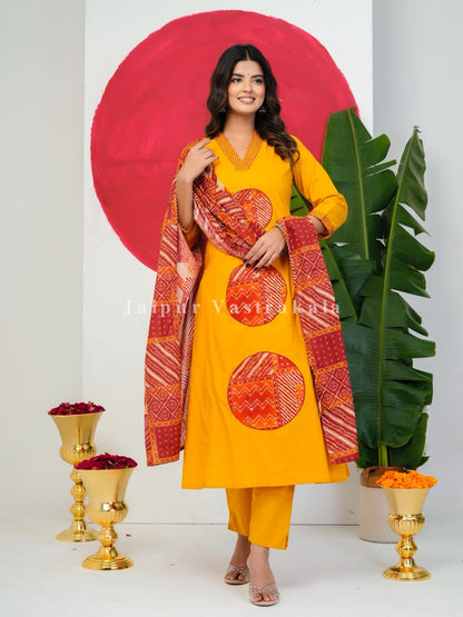 Yellow Patch Highlights Cotton Dupatta Set