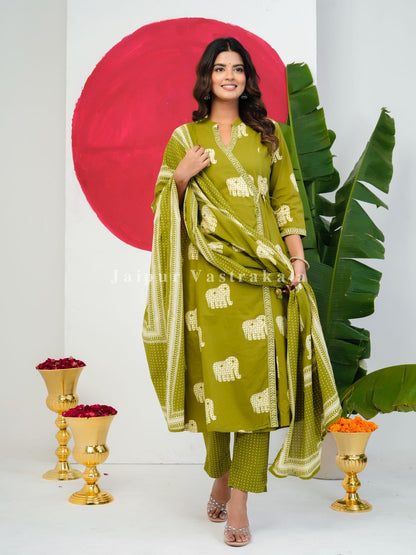 Green Elephant Angrakha Cotton Dupatta Set
