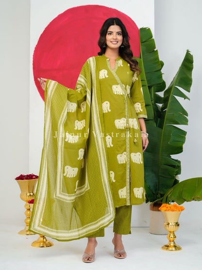 Green Elephant Angrakha Cotton Dupatta Set