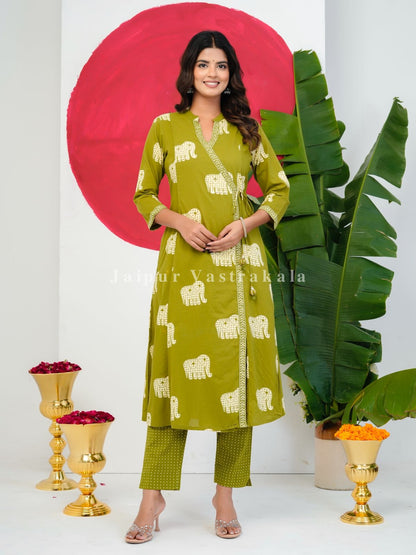 Green Elephant Angrakha Cotton Dupatta Set