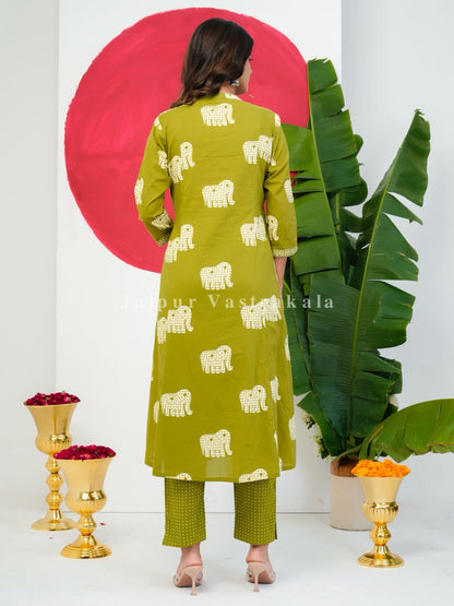 Green Elephant Angrakha Cotton Dupatta Set