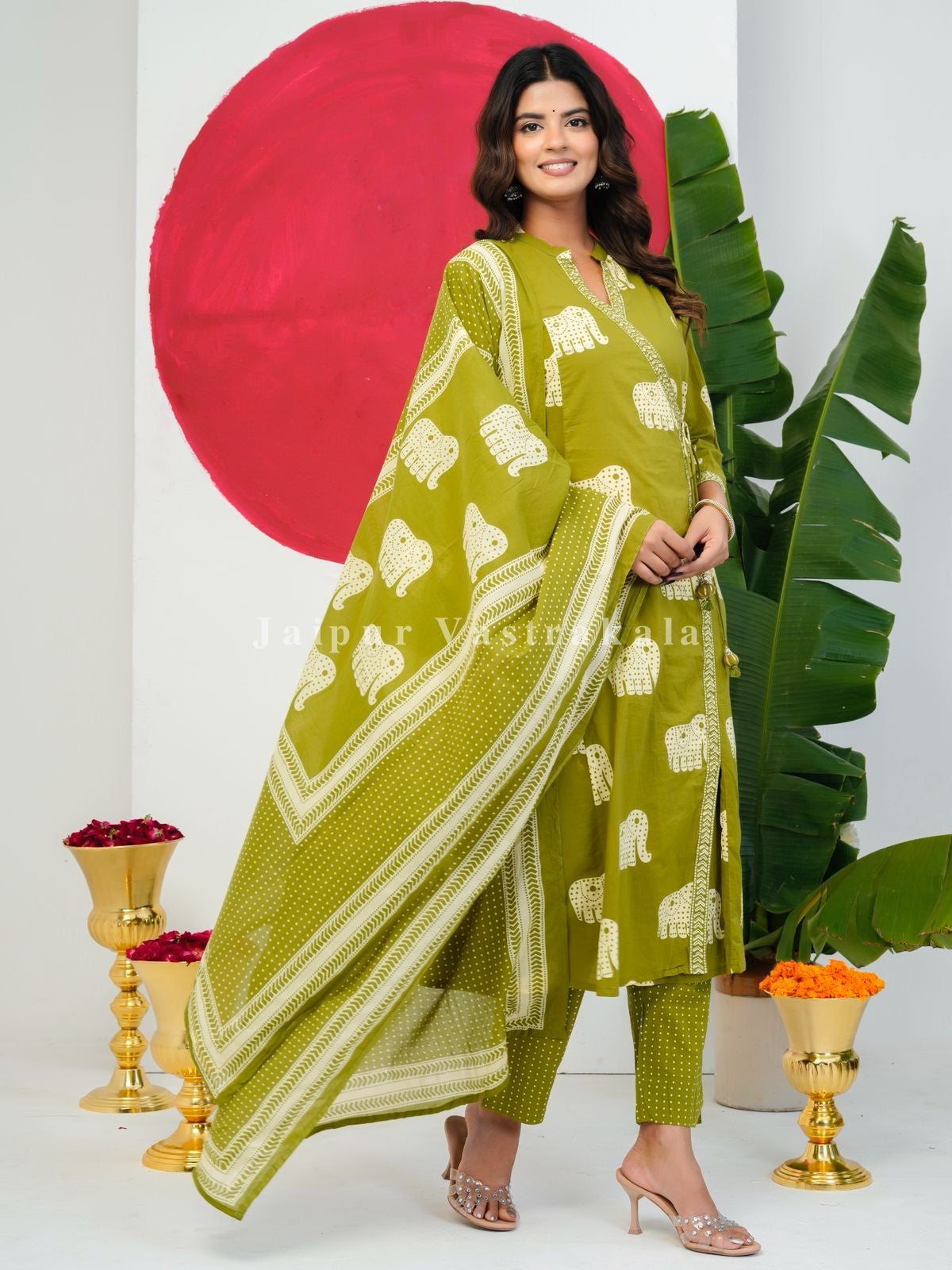 Green Elephant Angrakha Cotton Dupatta Set