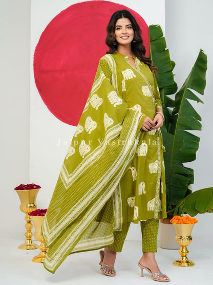 Green Elephant Angrakha Cotton Dupatta Set