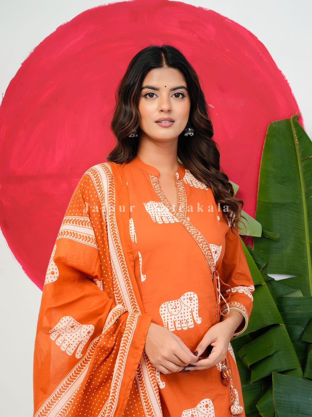 Orange Elephant Angrakha Cotton Dupatta Set