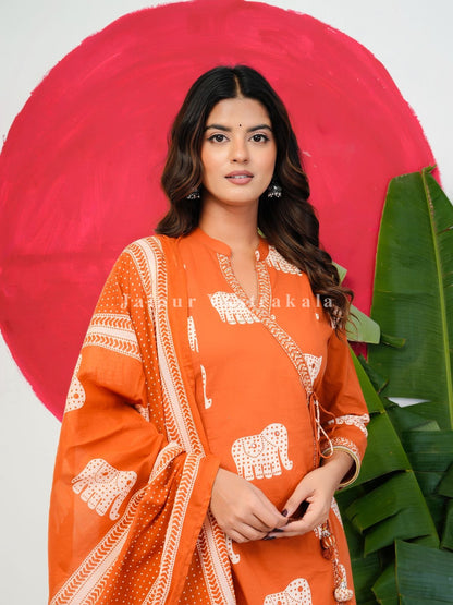 Orange Elephant Angrakha Cotton Dupatta Set