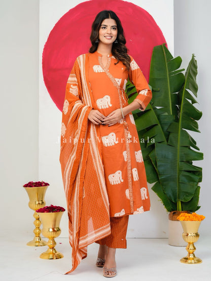 Orange Elephant Angrakha Cotton Dupatta Set