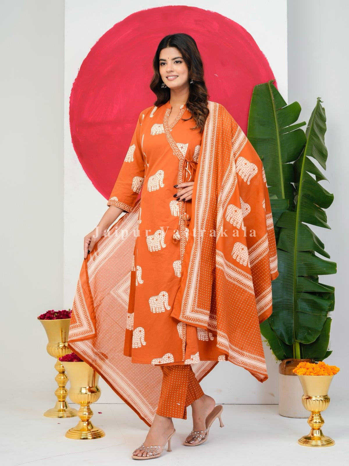 Orange Elephant Angrakha Cotton Dupatta Set